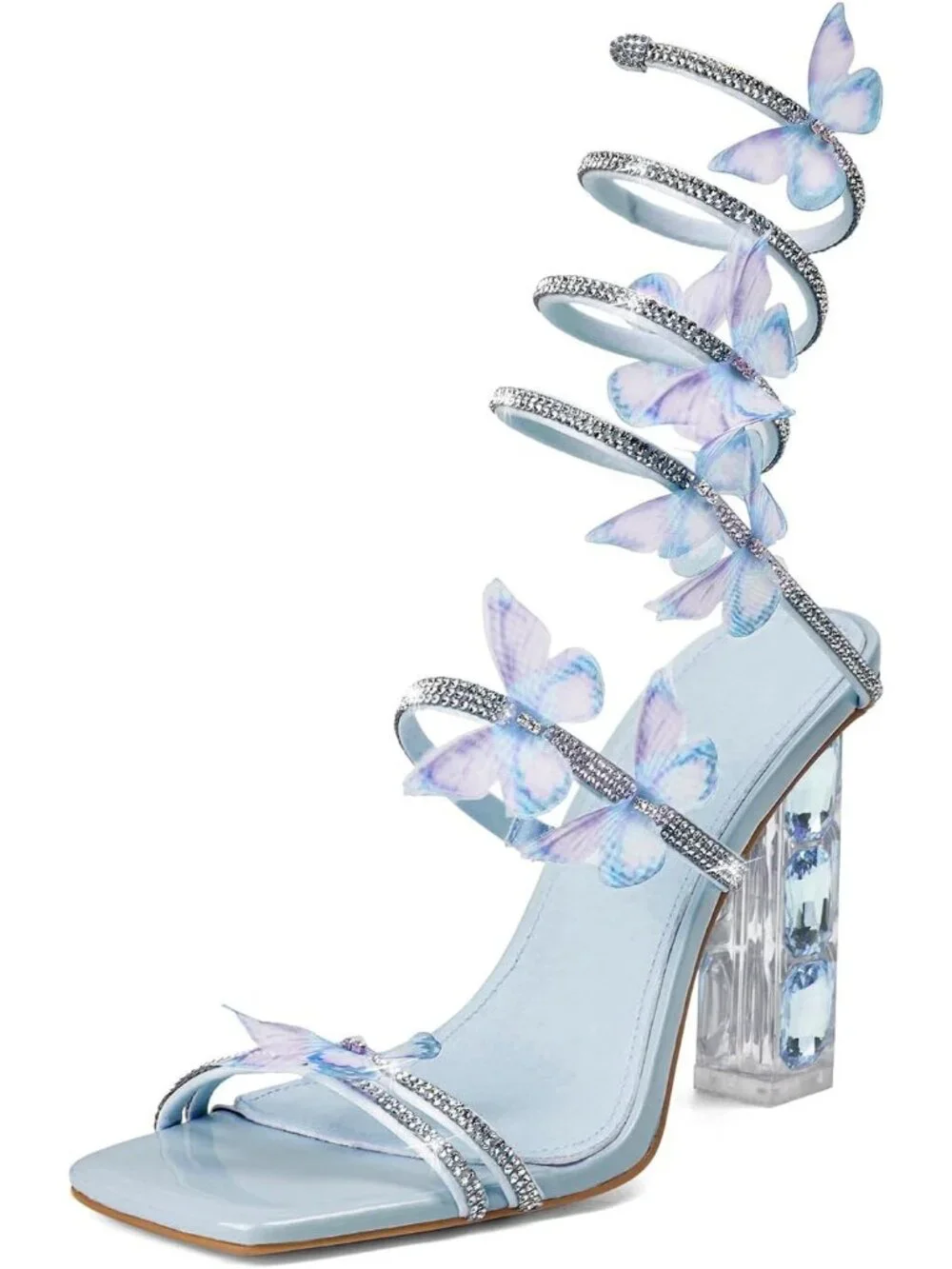 🆕Women's Blue Heels Square Toe Rhinestone Butterfly Prom Dressy Sandals